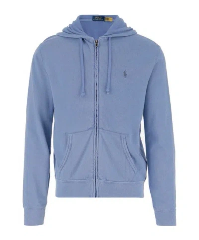 Polo Ralph Lauren Pony Embroidered Zipped Drawstring Hoodie In Blue