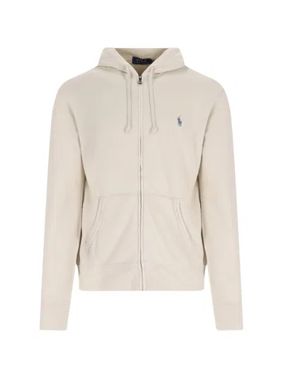 Polo Ralph Lauren Pony Embroidered Zipped Drawstring Hoodie In Grey