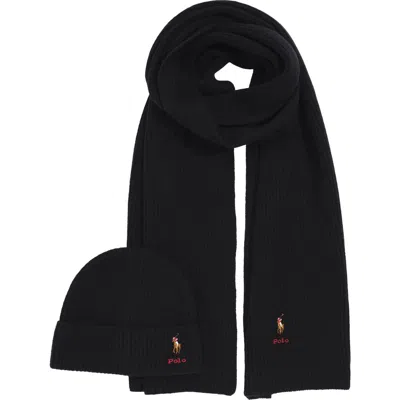 Polo Ralph Lauren Pony Merino Wool Hat & Scarf Set In Black