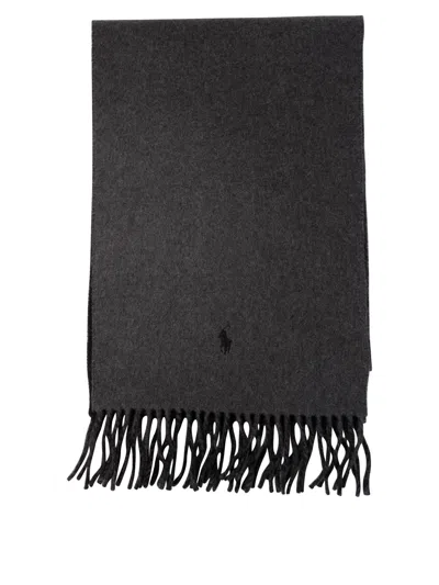 Polo Ralph Lauren "horse" Scarf With Fringed Edges In Grey