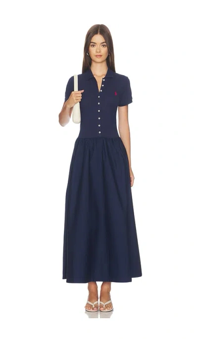 Polo Ralph Lauren Poplin Collared Short Sleeve A Line Dresses In Blue