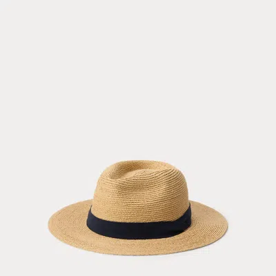 Polo Ralph Lauren Poplin-trim Raffia Fedora In Natural/ Navy