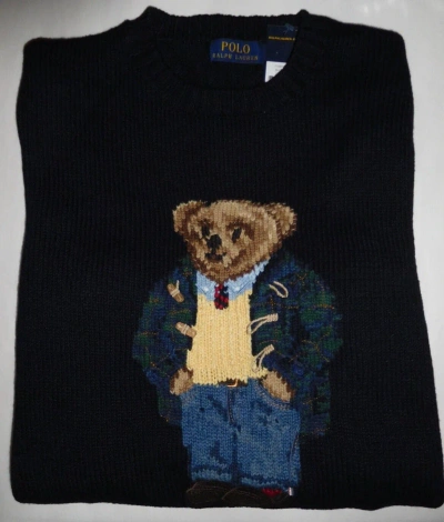 Pre-owned Polo Ralph Lauren Preppy Polo Bear Sweater Navy Cotton/linen Mens Big Tall 2xlt In Blue