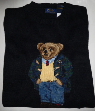 Pre-owned Polo Ralph Lauren Preppy Polo Bear Sweater Navy Cotton/linen Mens S L Xl In Blue