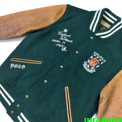 Pre-owned Polo Ralph Lauren Preppy Royal Crest Wool Blend Leather Sleeve Varsity Jacket In Green