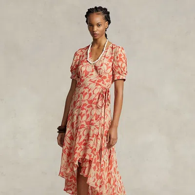 Polo Ralph Lauren Print Crinkled Georgette Wrap Dress In Birch Leaves Print