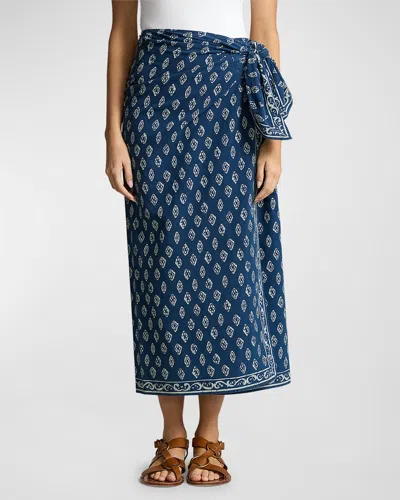 Polo Ralph Lauren Printed Cotton Wrap Skirt In Blue