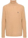 Polo Ralph Lauren Cable Knit Turtleneck Sweater With Embroidered Logo In Brown
