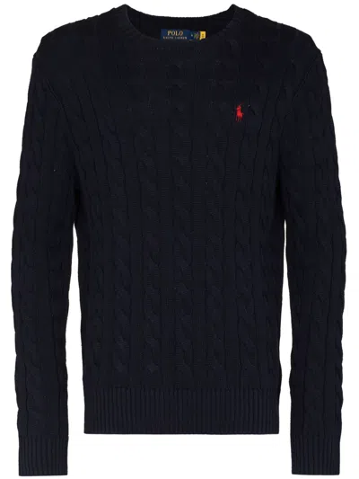 Polo Ralph Lauren Blue Crew Neck Sweater With Cable Knit And Pony Embroidery On The Front In Wool And Cashmere For Men