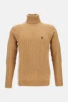 Polo Ralph Lauren Cable Knit Turtleneck Sweater With Embroidered Logo In Brown