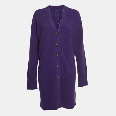 Pre-owned Polo Ralph Lauren Purple Wool Rib Knit Buttoned Cardigan L