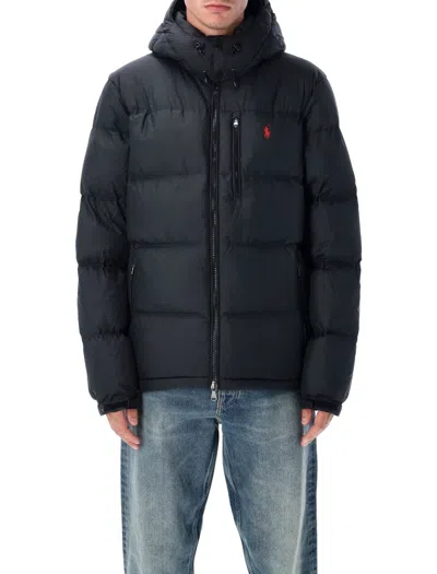 Polo Ralph Lauren Blue Down Jacket With Fixed Hood And Embroidered Pony Logo On Chest In Tech Fabric Man