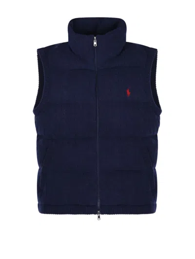 Polo Ralph Lauren Quilted Padded Vest With High Collar And Textured Knit In Blue