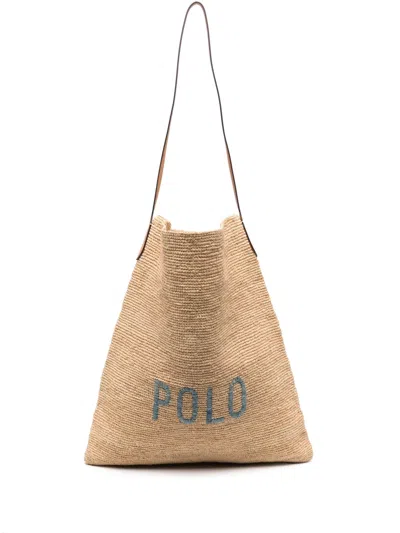 Polo Ralph Lauren Raffia Shoulder Bag In Neutrals