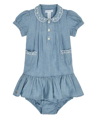 Polo Ralph Lauren Ralph Lauren Baby Girls' Indigo Cotton Chambray Dress And Bloomer In Blue
