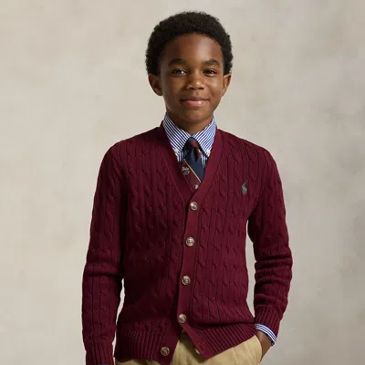 Polo Ralph Lauren Kids' Ralph Lauren Cable-knit Cotton V-neck Cardigan In Burgundy