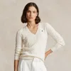 Polo Ralph Lauren Kimberly Icon Logo Pima Cotton Cable Knit V-neck Sweater In Cream