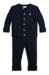 Polo Ralph Lauren Ralph Lauren Cable Stitch Cotton Cardigan & Sweater Pants Set In College Navy