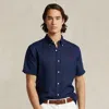 Polo Ralph Lauren Piece Dye Linen Short Sleeve Button-down Shirt In Newport Navy