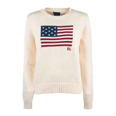 POLO RALPH LAUREN RALPH LAUREN CREAM COTTON SWEATER WITH FLAG