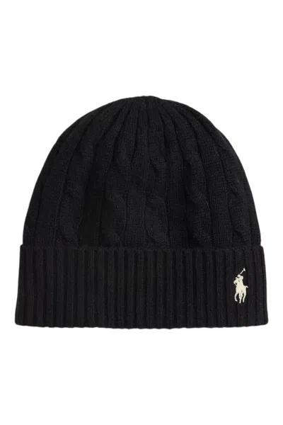 Polo Ralph Lauren Logo Embroidered Cable-knit Beanie In Black