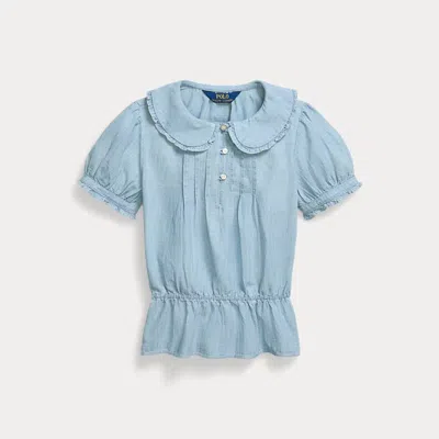 POLO RALPH LAUREN RALPH LAUREN INDIGO COTTON CHAMBRAY PEPLUM TOP