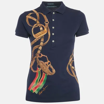 Pre-owned Polo Ralph Lauren Ralph Lauren Navy Blue Belt Chain Print Cotton Skinny Polo T-shirt S