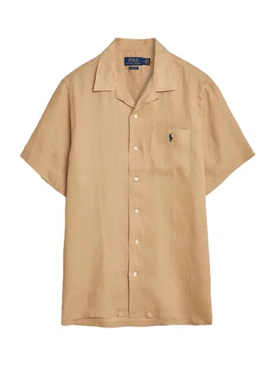 Polo Ralph Lauren Ralph Lauren Navy Logo Pocket Linen Shirt Camel In Brown