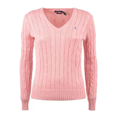 POLO RALPH LAUREN RALPH LAUREN PINK V-NECK BRAIDED COTTON SWEATER