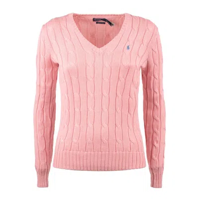 POLO RALPH LAUREN RALPH LAUREN PINK V-NECK BRAIDED COTTON SWEATER