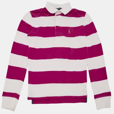 Pre-owned Polo Ralph Lauren Ralph Lauren Sport Pink/white Striped Jersey Long Sleeve Polo T-shirt S
