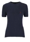 Polo Ralph Lauren Blue Cable Knit T-shirt With Embroidered Logo In Cotton Woman