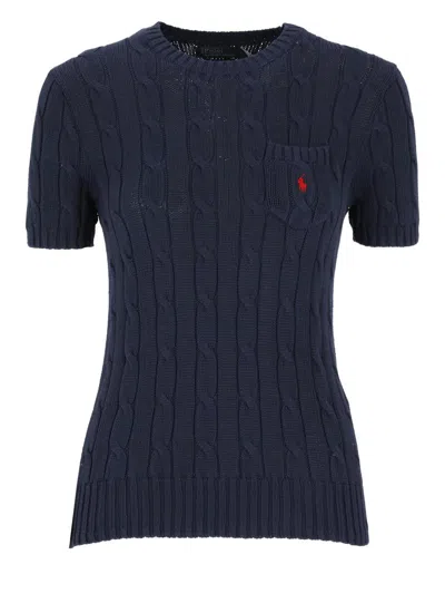 Polo Ralph Lauren Blue Cable Knit T-shirt With Embroidered Logo In Cotton Woman