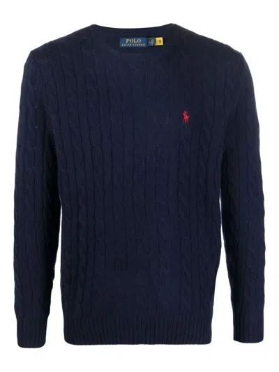 Polo Ralph Lauren Blue Cable Knit Crewneck Sweater With Pony Embroidery On The Front In Wool And Cashmere Man