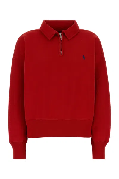 Polo Ralph Lauren Cotton Blend Collared Knit Long Sleeve Shirt In Red