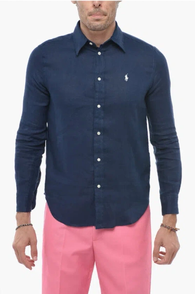 Polo Ralph Lauren Relaxed Fit Linen Shirt With Embroidered Logo In Blue