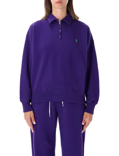 Polo Ralph Lauren Relaxed Polo Collar Half-zip Sweatshirt With Embroidered Pony In Chmpn Prpl