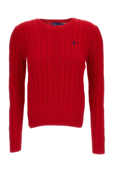 Polo Ralph Lauren Ribbed Cable Knit Crew Neck Sweater With Embroidered Pony Detail In Red