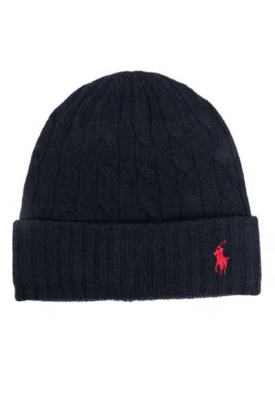 Polo Ralph Lauren Ribbed Cable Knit Hat In Wool-cashmere Blend In Black
