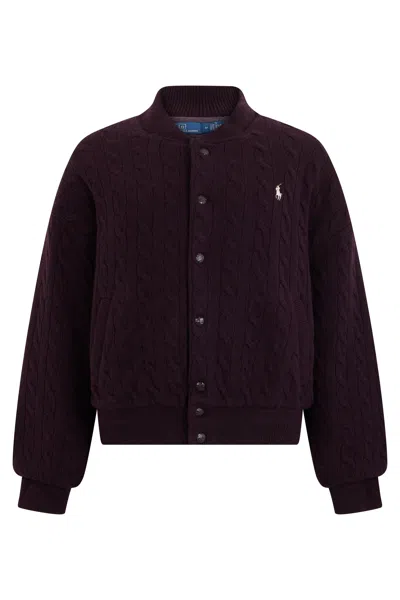 Polo Ralph Lauren Ribbed Collar Button-front Bomber Jacket With Embroidered Logo In Burgundy