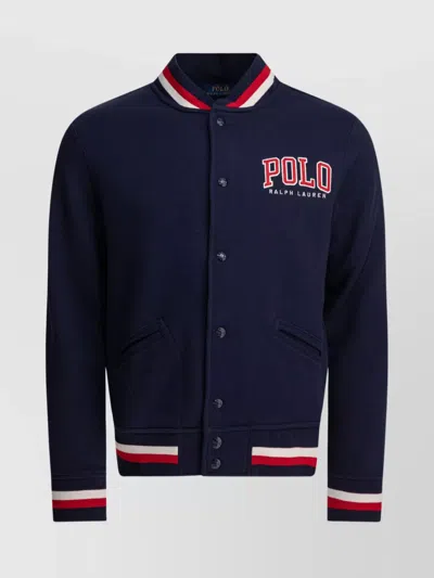 Polo Ralph Lauren Ribbed Collar Striped Detailing Front Pockets Jacket In Blue