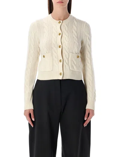 Polo Ralph Lauren Ribbed Crewneck Cable-knit Cropped Cardigan With Brass Button Placket In Neutral
