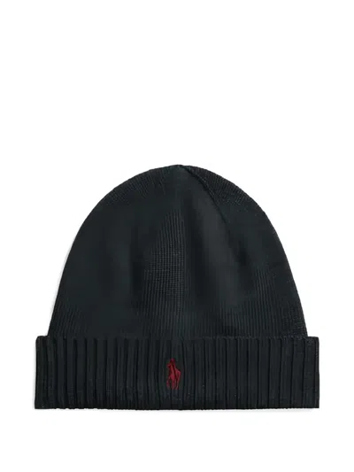 Polo Ralph Lauren Ribbed Embroidered Beanie In Black