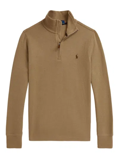 Polo Ralph Lauren Kids' Ribbed-knit Half-zip Sweatshirt In Brown
