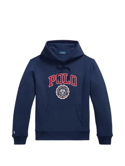Polo Ralph Lauren Rib-cuff Drawstring Hood Sweatshirt With Flocked Logo And Embroidered Pony In Blue