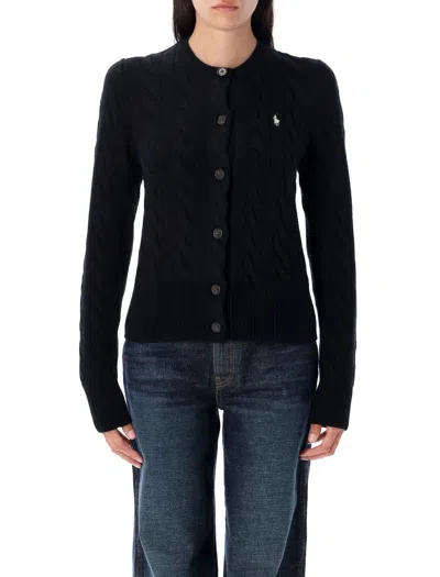Polo Ralph Lauren Rib-knit Crewneck Button-placket Sweater, Long Sleeves With Cuffs, Signature Left- In Nero