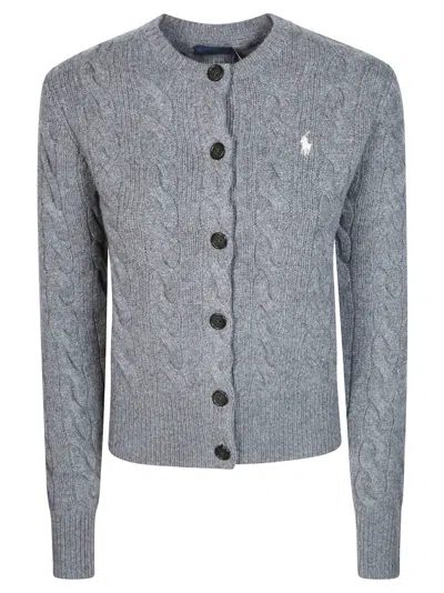 Polo Ralph Lauren Rib-knit Crewneck Sweater With Buttoned Placket, Long Sleeves, Model Wearing Size  In Grigio