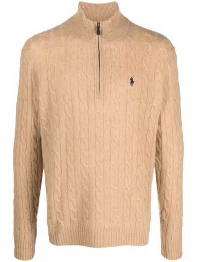 Polo Ralph Lauren Rib-knit Mockneck Quarter-zip Sweater With Suede Zip Pull In Neutral