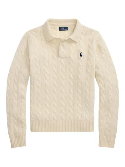 Polo Ralph Lauren Rib-knit Polo Collar Sweater With Two-button Placket And Embroidered Pony In Bianco
