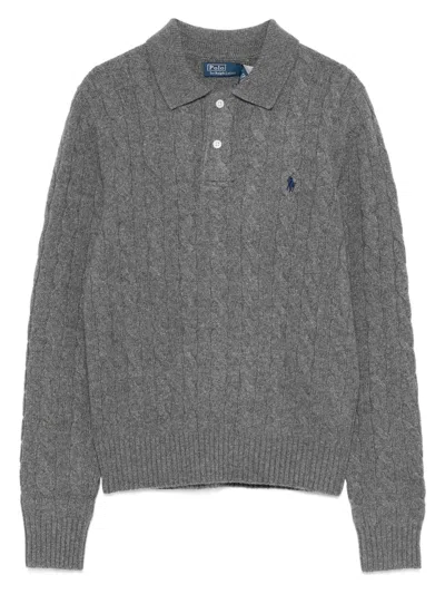 Polo Ralph Lauren Rib-knit Polo Collar Two-button Sweater Polo With Embroidered Pony In Gray